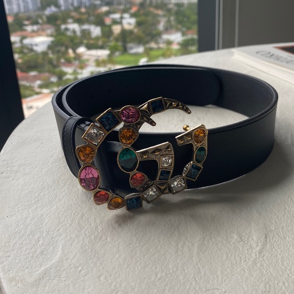Gucci Accessories - Gucci Black Belt with Colorful Gem Buckle